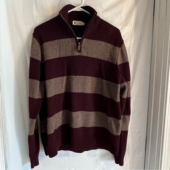 J Crew 100% Lambs Wool 1/4 Zip Sweater Mens Size XL Burgundy Stripes Cozy Warm‎ - Picture 1 of 8